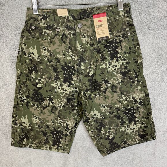 Levis 469 Shorts Mens 29 Green Camo Cotton Flat Front Jorts Causal Skater NWT - Picture 1 of 8